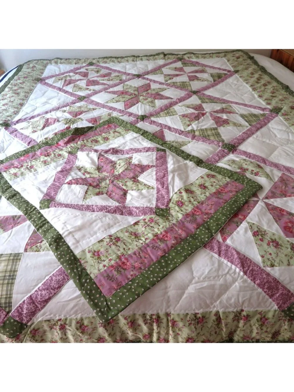Vintage Handmade Floral Star Pinwheel Patchwork Twin Quilt Sham Set Country NEW